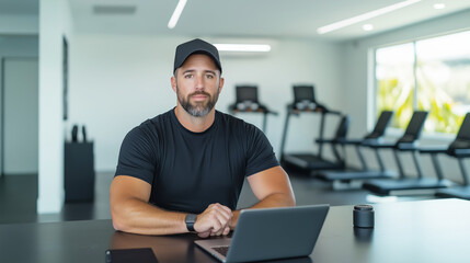 Manager at the gym desk using a laptop to coordinate daily activities and oversee fitness center operations