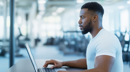 Focused personal trainer using laptop in gym, managing schedules and client data after workout session
