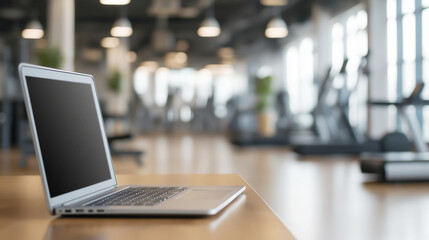Laptop with black screen on table in modern gym with blurred treadmills and exercise bikes in background