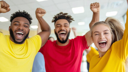 Diverse colleagues in a vibrant office environment cheer with raised arms, exuding euphoria and teamwork