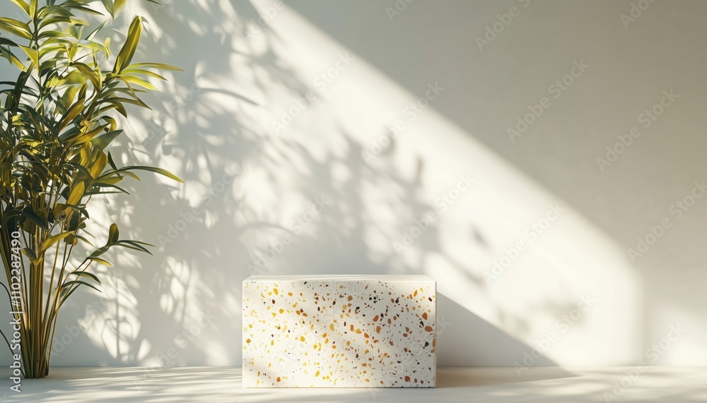 Aufkleber 3d render mockup of terrazzo square podium in square with sun shadow on white wall: detailed visuali