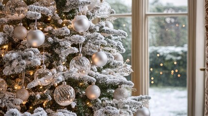 Snow-Covered Christmas Tree with Elegant Ornaments