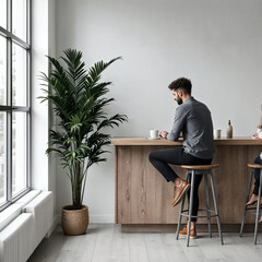 Watercolor Illustration of Cozy Cafe Interior Design with Space for Text