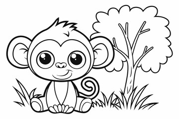 cute Chimpanzee, some grass and a tree, coloring book