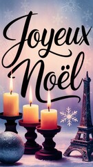 Festive candles and Eiffel Tower celebrate Christmas with a tranquil ambiance and winter decorations