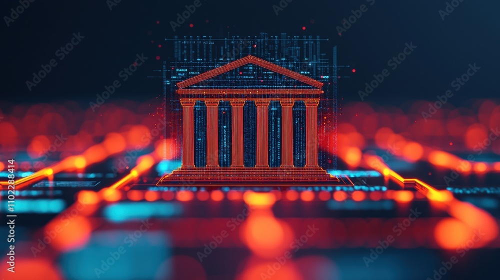 Poster digital representation of justice system with virtual building concept