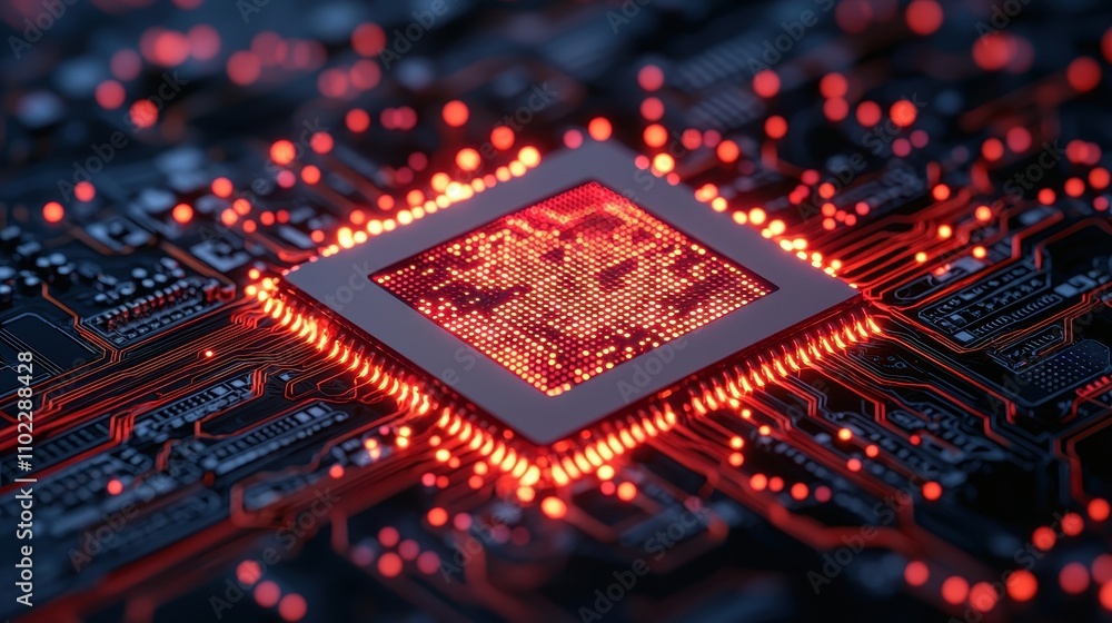 Aufkleber glowing microchip with red lights and circuit board background