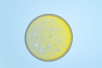 Close-up of oil and water bubbles on a petri dish with blue background