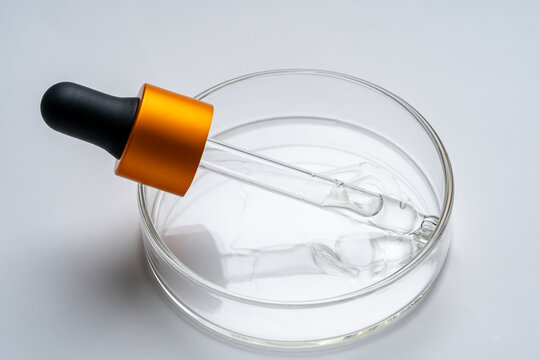 Transparent dropper with liquid in petri dish on white background