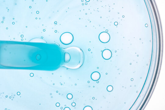 Blue Liquid with Bubbles in Petri Dish Captures Microscopic View