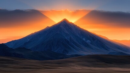 Majestic Mountain Peak Surrounded by Glowing Sunset Rays