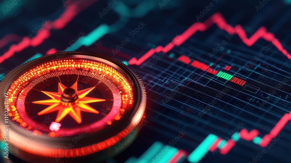 Poster compass on digital background of stock market data and graphs