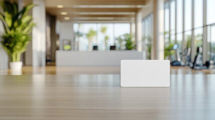 Wooden table with white card displayed, with gym reception in background, perfect for promoting gym memberships or offers