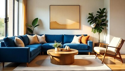A cozy and inviting living room with a large navy blue sofa, a round wooden coffee table, and a beige armchair, windows that let in natural light, created with generative ai