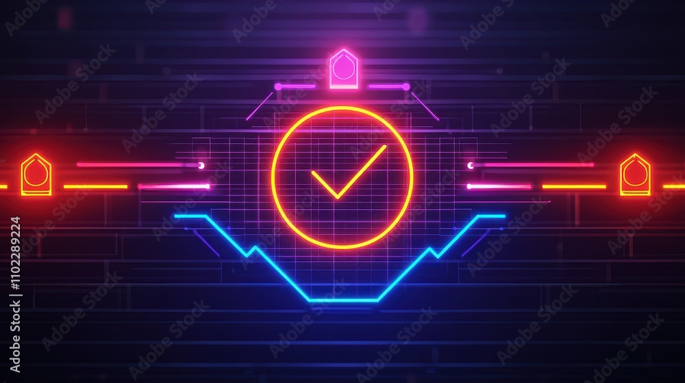 Poster Futuristic Neon Clock with Checkmark in Digital Design Background