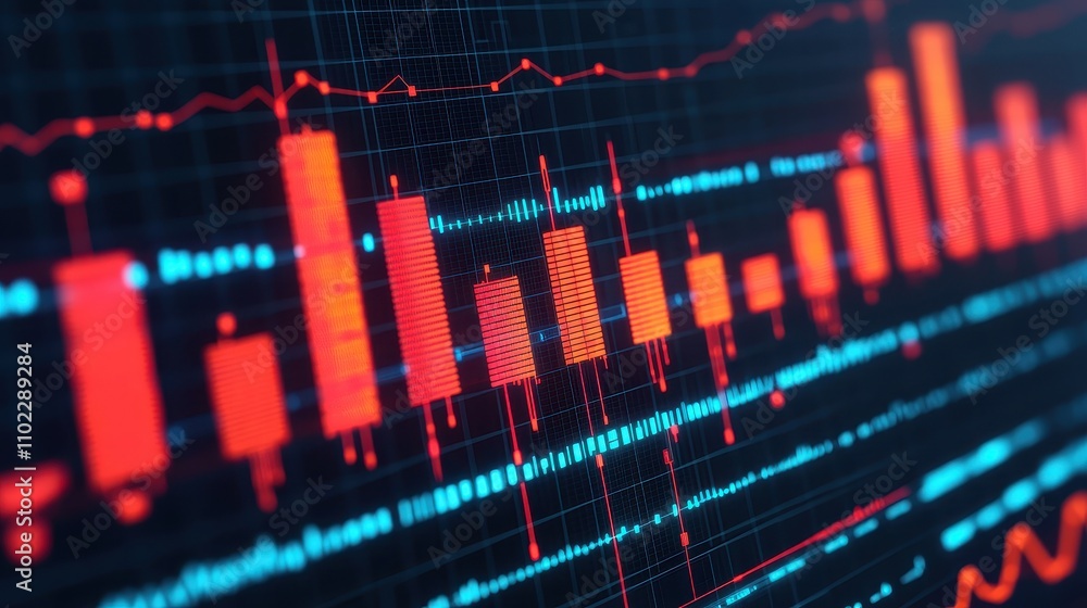 Poster colorful stock market data visualization with bar graphs and lines