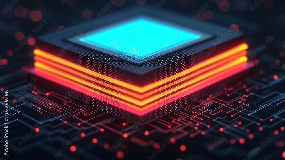Poster futuristic microprocessor with glow effects and digital circuit background