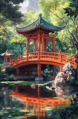 Fototapeta premium Elegant Chinese-style architecture, with pavilions and towers surrounded by lush green trees.