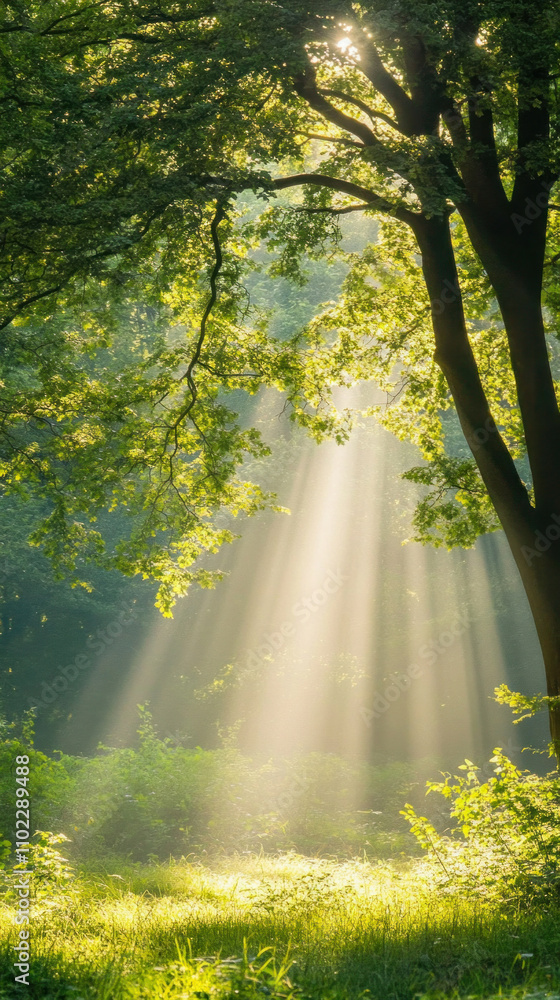 Poster sunbeams filtering through trees in magical forest