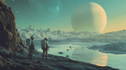 Fototapeta premium Astronauts exploring the surface of a remote alien planet. Alien. Illustration