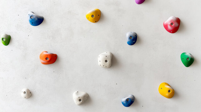 Vibrant multicolored climbing holds on a white wall provide an exciting setting for indoor rock climbing and bouldering