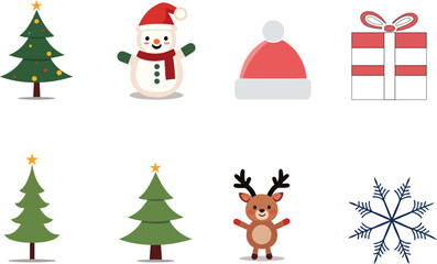 Christmas Vector Illustration Set &ndash; Festive Trees, Snowman, Reindeer, Gift Box, Santa Hat, and Snowflake on White Background