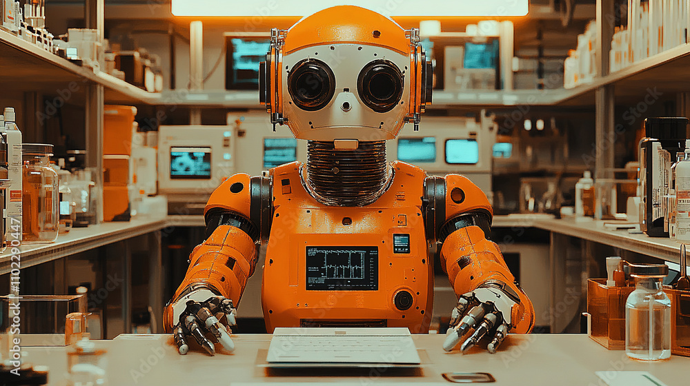 Poster robot assistant working in a futuristic laboratory setting filled with various scientific equipment 