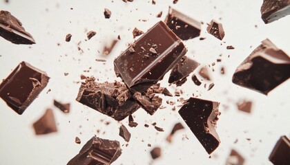 View Of Dark Chocolate Pieces Floating In The Air On A White Background. Includes Chunks Of Chocolate Bar, Shavings, And Cocoa Crumbs. Top-Down Perspective.