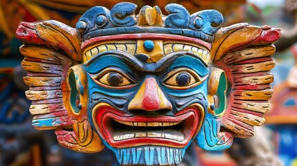 Obraz premium Vibrant Colorful Wooden Mask, Close-up Detail