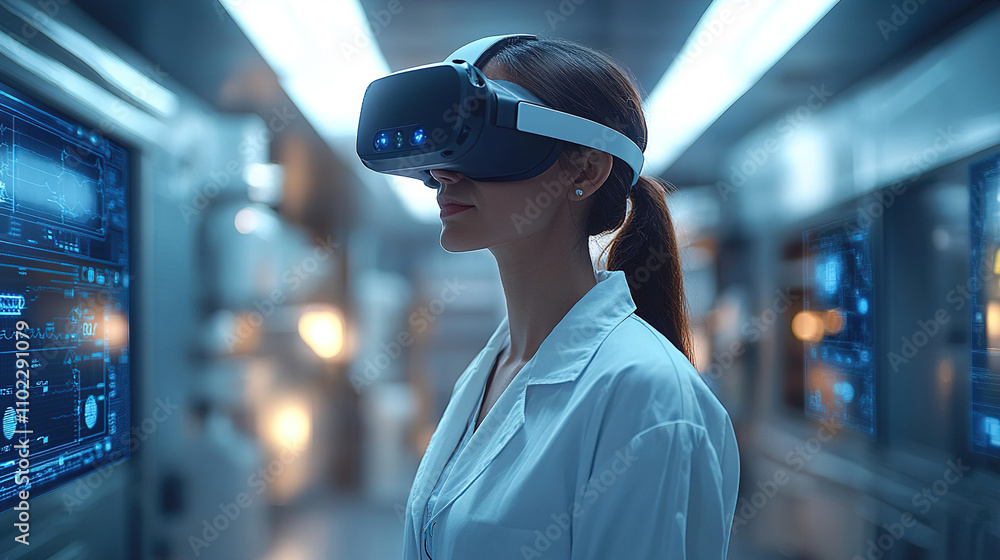 Poster innovative research in a high-tech lab where a woman explores virtual reality with a headset during 