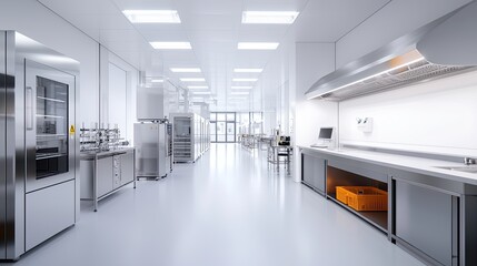 Modern kitchen setup industrial facility interior design bright environment wide angle view efficiency in food preparation