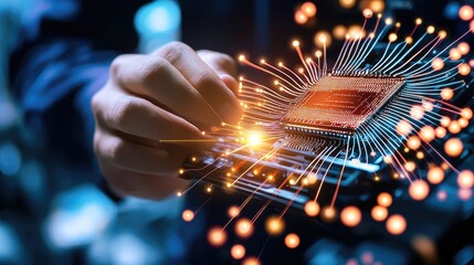 Innovative technology event showcasing advanced microchip development tech lab digital media futuristic close-up view innovation in computing