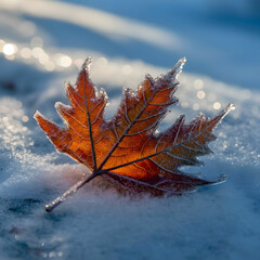 Frosty autumn leaf on the ground in winter