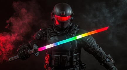 Naklejka premium 近未来的な戦士がカラフルな刀を持ち、煙の中でポーズを決める