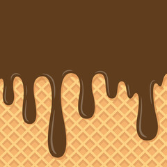 Melting chocolate ice cream on wafer background. Waffle cone with dripping liquid dessert texture. Square shaped sweet ice cream boarder. Vector illustration.
