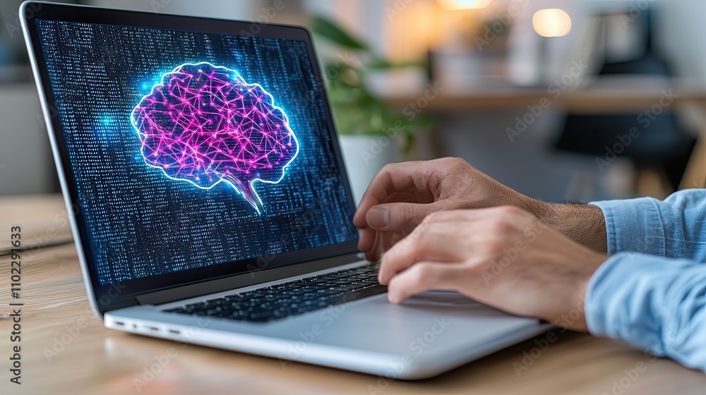Poster exploring artificial intelligence development home office digital art modern workspace close-up inno