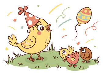 Chick with a party hat and streamers. watercolor illustration, Set of Various Chickens Celebrating Birthday party. easter day party.