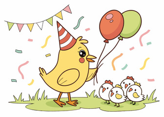 Chick with a party hat and streamers. watercolor illustration, Set of Various Chickens Celebrating Birthday party. easter day party.