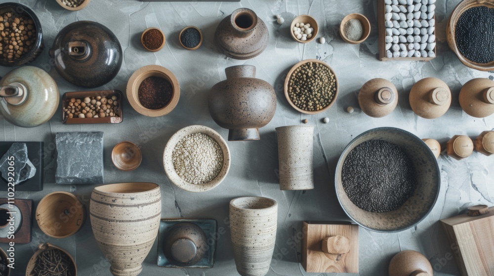 Poster flat lay of rustic pottery and grains on a textured surface