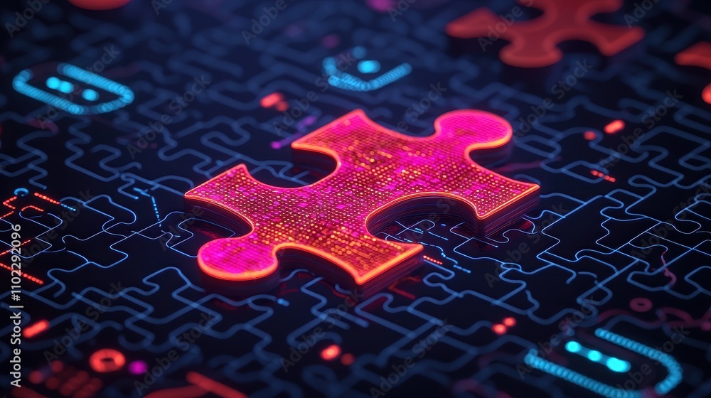Poster bright puzzle piece on dark background with digital circuit patterns