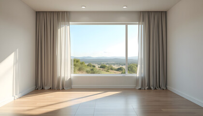Fototapeta premium empty room with window with mountain view on a sunny day - Sala vazia com janela com vista para as montanhas, mockup