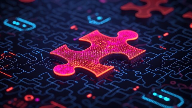 Bright Puzzle Piece on Dark Background with Digital Circuit Patterns