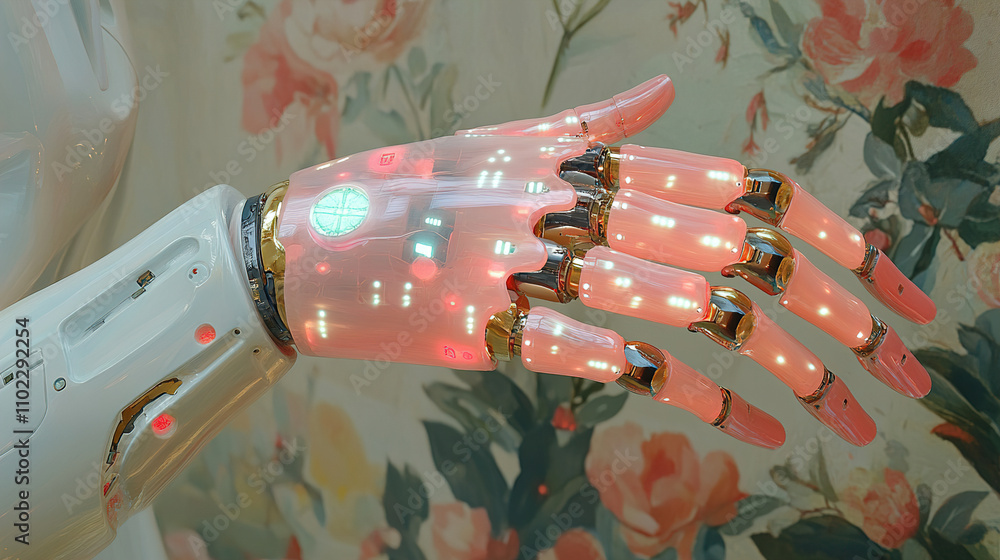 Aufkleber robotic hand with illuminated features displayed against a floral backdrop during an exhibition show