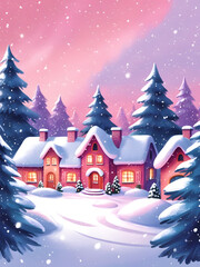 Naklejka premium Snow-covered cottage nestled amidst tall evergreens under a pastel pink sky in a serene winter wonderland