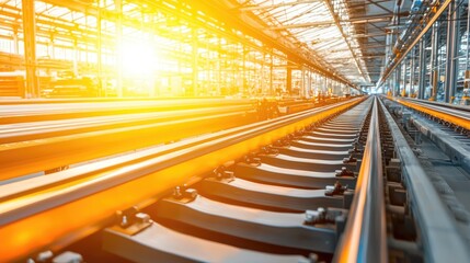 Railway tracks under glowing sunset industrial facility photography urban environment wide angle transportation concept