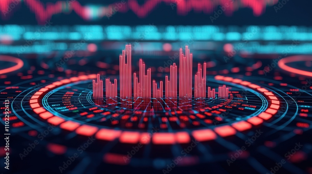 Poster abstract digital data visualization with vibrant bars and circles