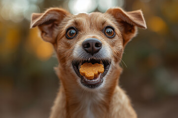 Dog enthusiast happily enjoying treats in a natural outdoor setting