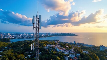 Stunning Aerial View of Telecommunications Tower Overlooking Vibrant Coastal Cityscape at Sunset with Dynamic Cloud Patterns and Scenic Ocean Background
