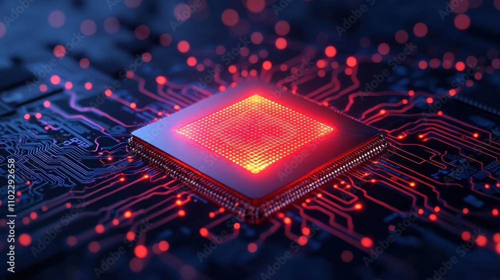 Poster red glowing microprocessor on circuit board with neon effects
