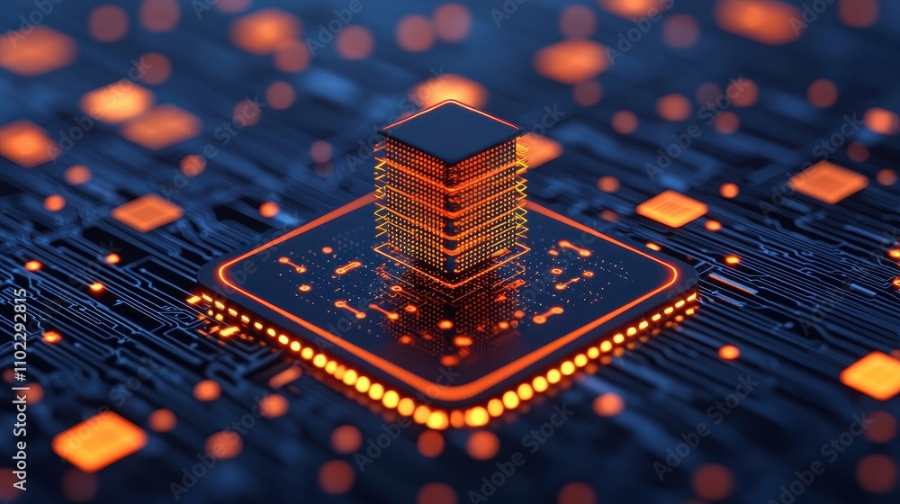 Aufkleber futuristic digital circuit with orange elements and central processor